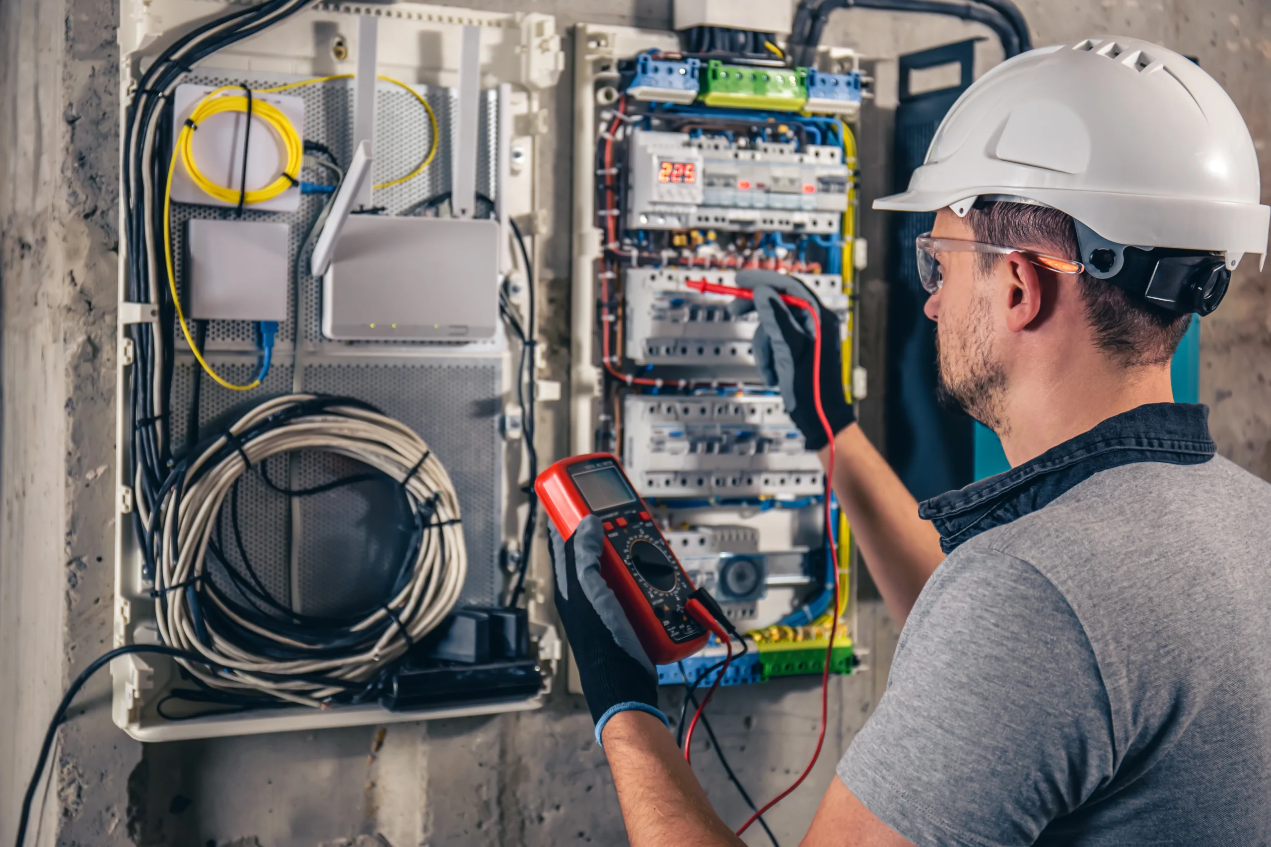 Technicien effectuant des mesures avec un multimètre sur une armoire électrique