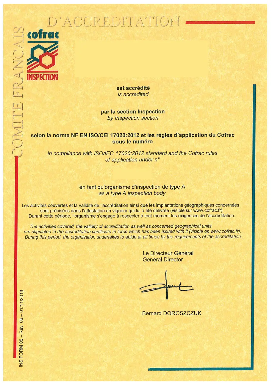 Certificat d'accréditation COFRAC d'un organisme de contrôle