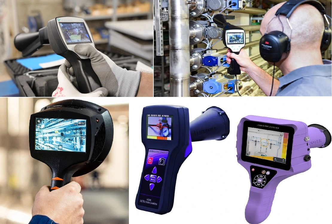 Technicien utilisant un détecteur de fuites ultrasonique sur réseau d’air comprimé industriel