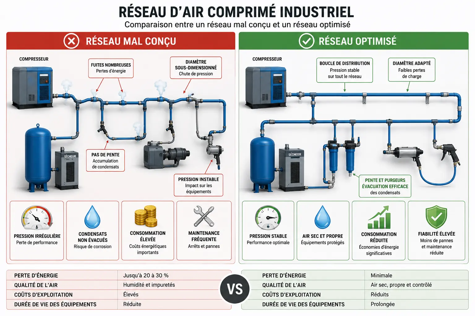 Illustration comparative entre réseau en ligne, en boucle et maillé avec flux d’air
