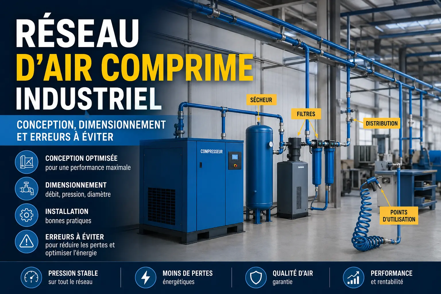 Réseau d’air comprimé industriel : conception, dimensionnement et erreurs à éviter