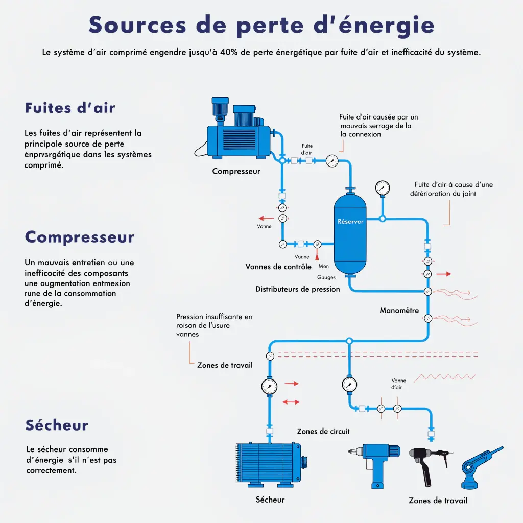 un réseau d’air comprimé avec pertes d’énergie (fuites, compresseur, sécheur)