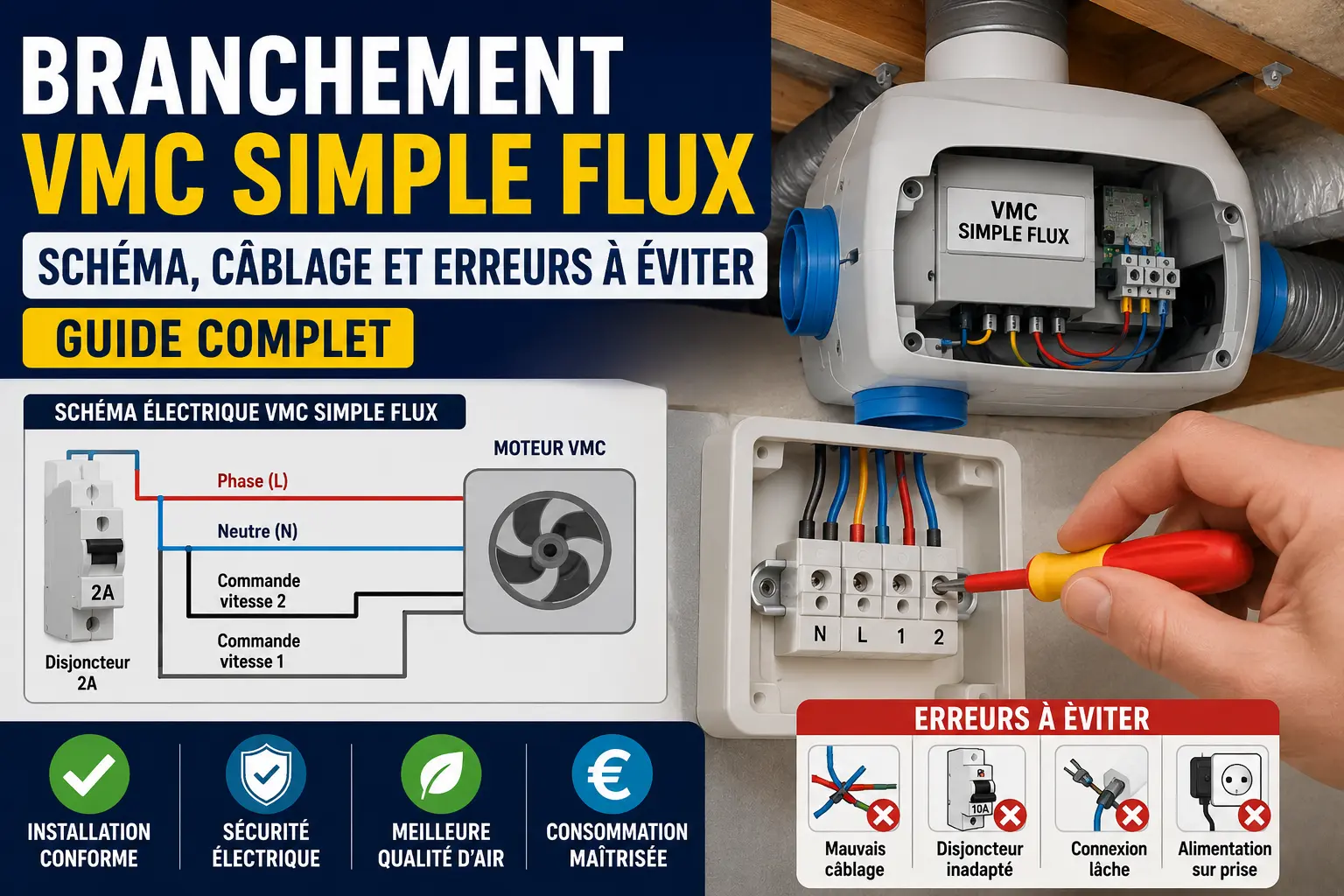 Branchement VMC simple flux : schéma, câblage et erreurs à éviter (guide complet)