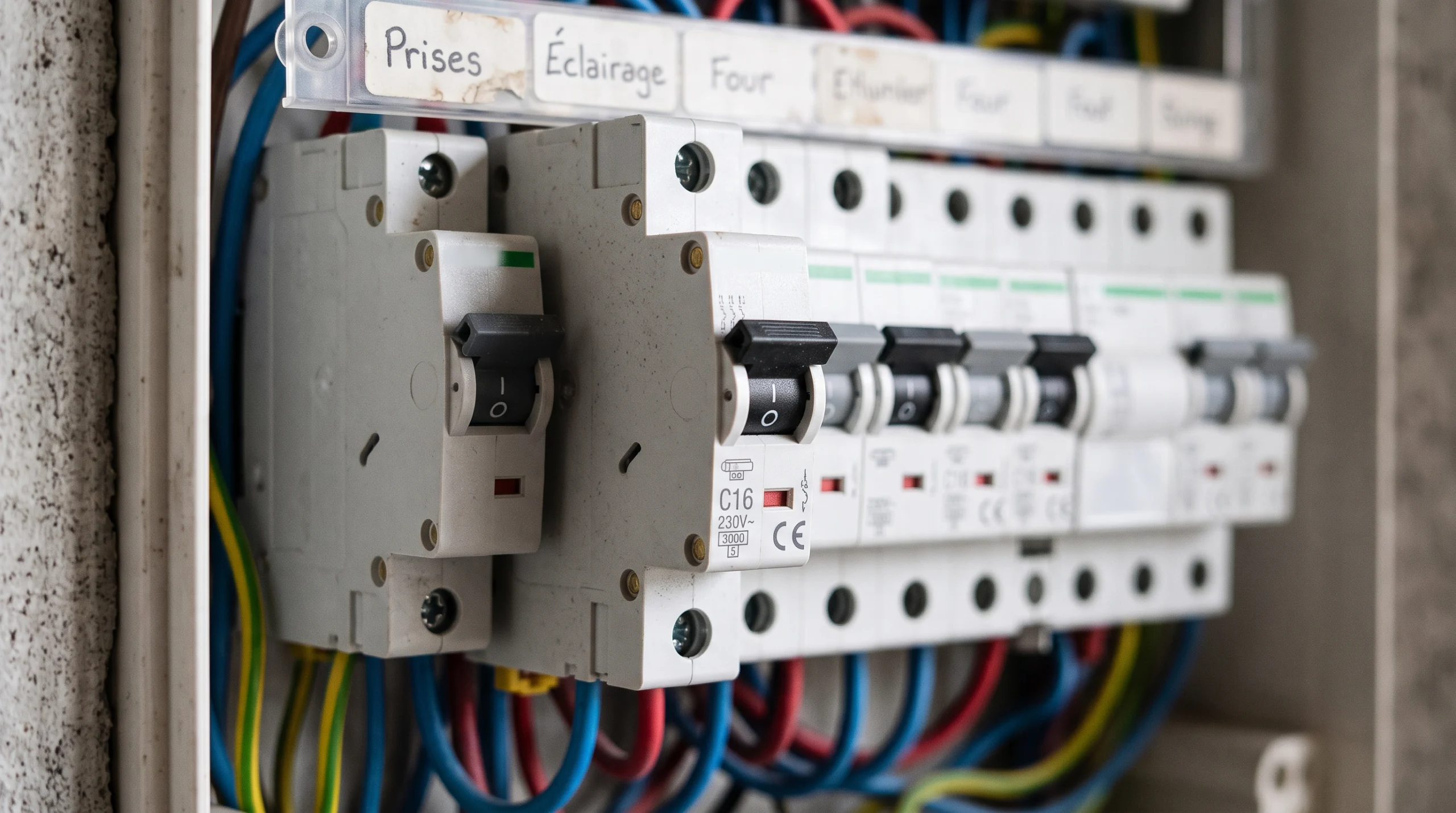 Disjoncteur électrique dans un tableau résidentiel pouvant déclencher en cas de surcharge.