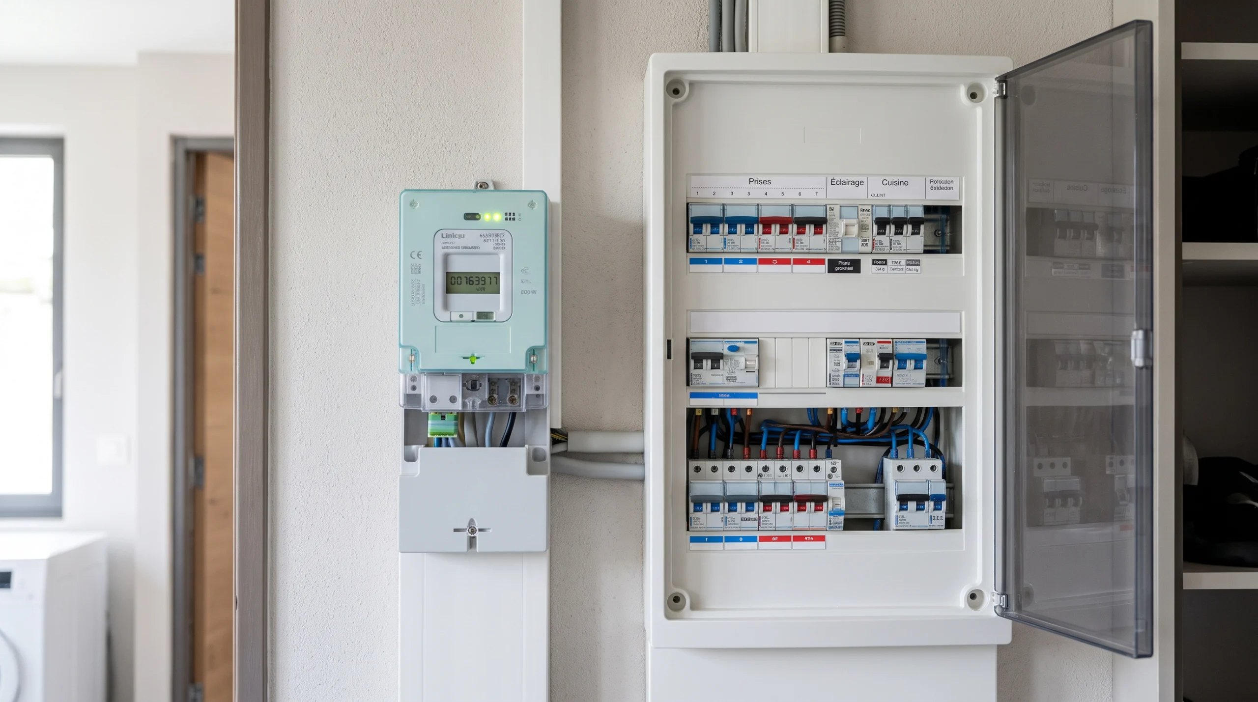 Compteur électrique numérique et tableau électrique d’une habitation.