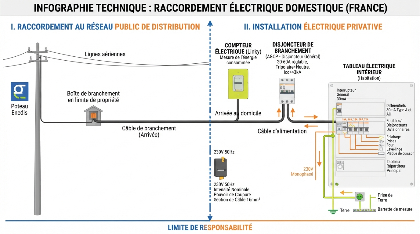 Compteur électrique et disjoncteur de branchement illustrant la séparation entre raccordement et installation intérieure.
