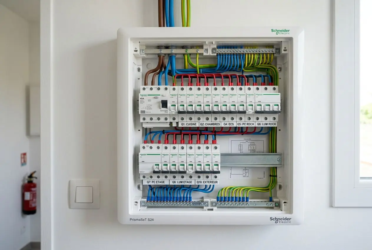 tableau électrique domestique moderne ouvert avec des rangées de disjoncteurs et interrupteurs différentiels